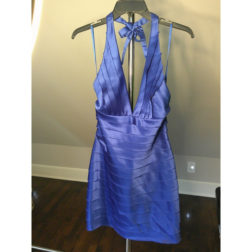 BCBGMAXAZRIA Cocktail‎ Dress Womens 8 Blue Good Satin Tiered Halter Mini - Picture 2 of 12